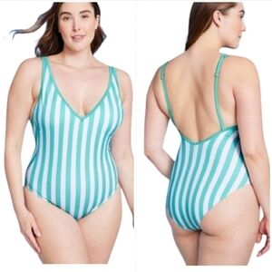 New Kona Sol Turquoise Striped V-neck One Piece High Leg Swimsuit Size Large
